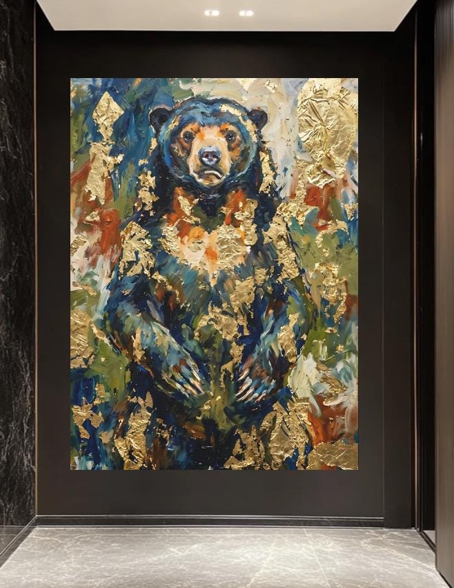 Abstract Bear Wall Art | Gold Leaf Oil Painting | Modern Cabin Decor | Moody Forest Animal Print | Luxury Lodge — Framed