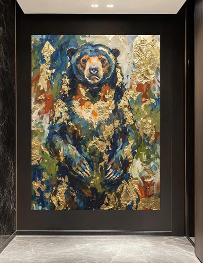 Abstract Bear Wall Art | Gold Leaf Oil Painting | Modern Cabin Decor | Moody Forest Animal Print | Luxury Lodge — Framed