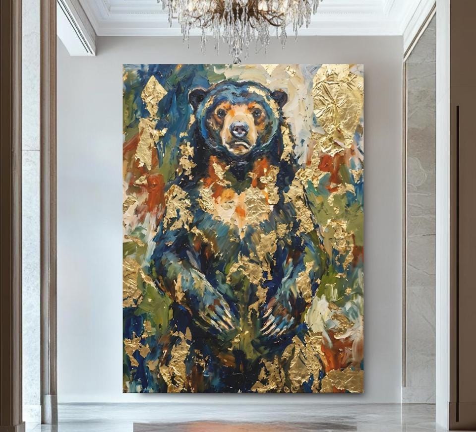 Abstract Bear Wall Art | Gold Leaf Oil Painting | Modern Cabin Decor | Moody Forest Animal Print | Luxury Lodge — Poster wall