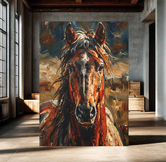 Rustic Western Horse Print | Modern Farmhouse Oil Painting | Vintage Equine Wall Art | Cabin Ranch Decor | Large Stallion —