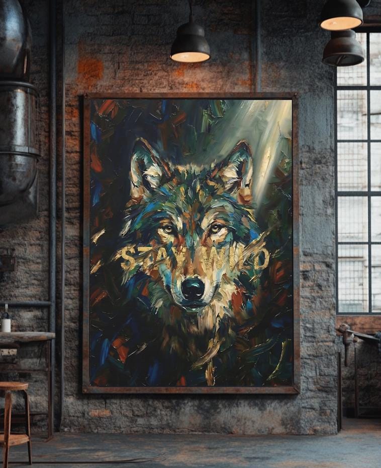 Wolf Wall Art | Modern Forest Animal Canvas or Poster Print, Man Cave Decor, Original Painting — Framed Print wall art
