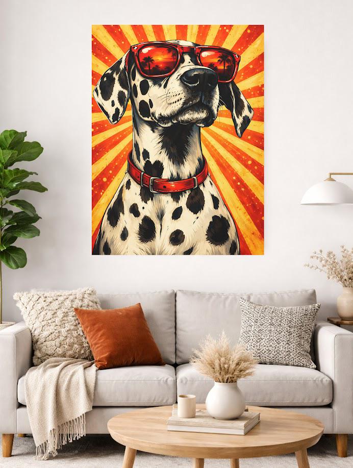 Funky Dalmatian Canvas | Dog with Sunglasses | Retro Pop Art Pet Print — Framed Print wall art