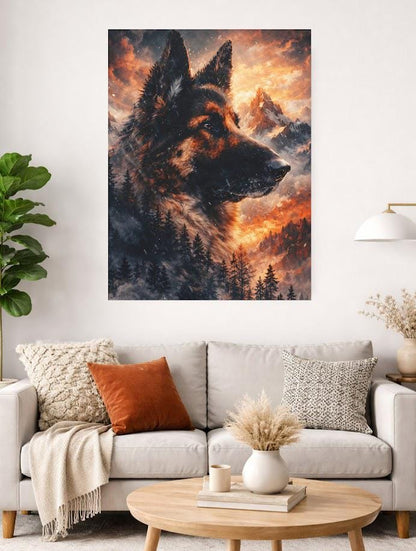 German Shepherd Mountain Sunset Canvas Print | Dramatic Pet Memorial Art — Canvas wall art