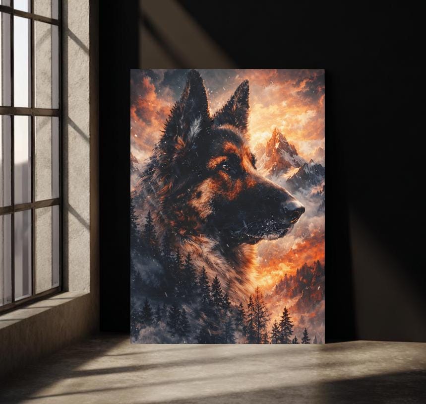 German Shepherd Mountain Sunset Canvas Print | Dramatic Pet Memorial Art — Framed Print wall art