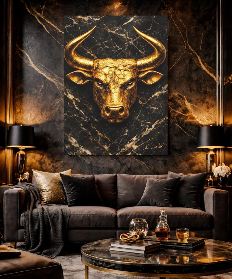 Golden Bull Canvas | Wall Street Art | Stock Market Gift | Black Marble Print | Masculine Wall Decor | Man Cave — Canvas wall