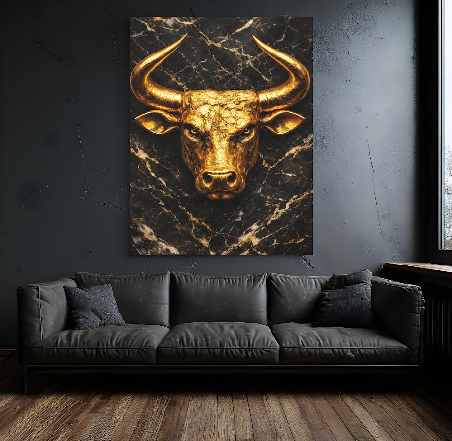 Golden Bull Canvas | Wall Street Art | Stock Market Gift | Black Marble Print | Masculine Wall Decor | Man Cave — Framed