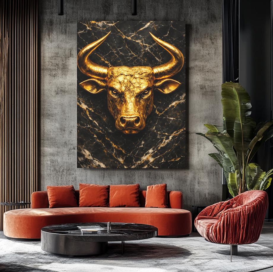 Golden Bull Canvas | Wall Street Art | Stock Market Gift | Black Marble Print | Masculine Wall Decor | Man Cave — Framed
