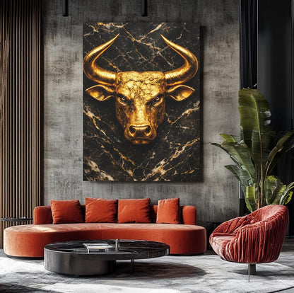 Golden Bull Canvas | Wall Street Art | Stock Market Gift | Black Marble Print | Masculine Wall Decor | Man Cave — Framed
