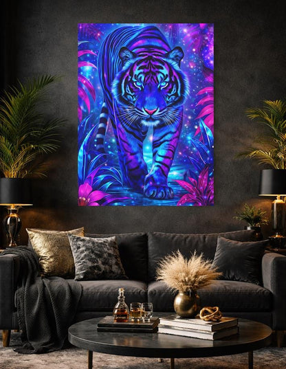 Neon Tiger Wall Art | Psychedelic Jungle Canvas | Colorful Animal Print | Tropical Big Cat Artwork — Framed Print wall art
