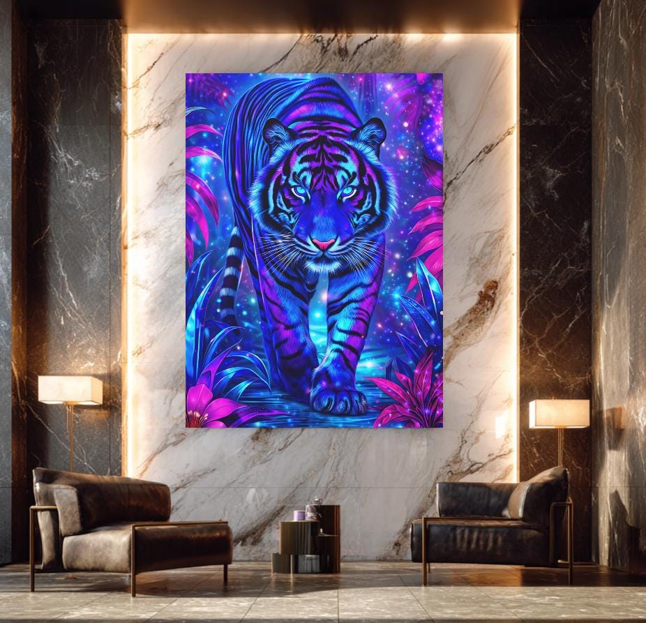 Neon Tiger Wall Art | Psychedelic Jungle Canvas | Colorful Animal Print | Tropical Big Cat Artwork — Framed Print wall art