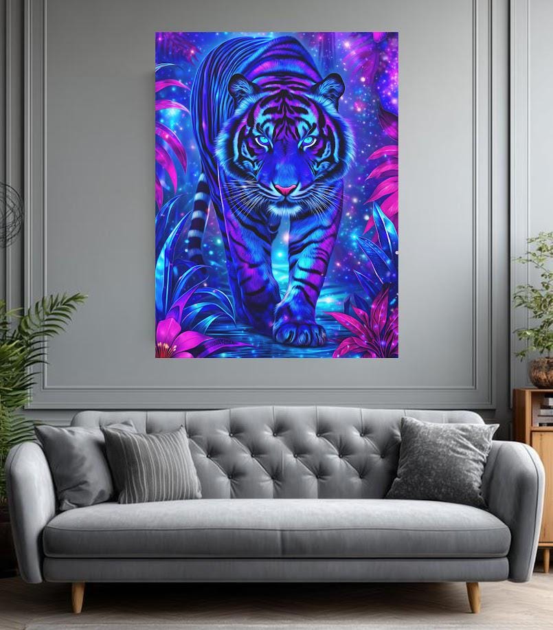Neon Tiger Wall Art | Psychedelic Jungle Canvas | Colorful Animal Print | Tropical Big Cat Artwork — Framed Print wall art