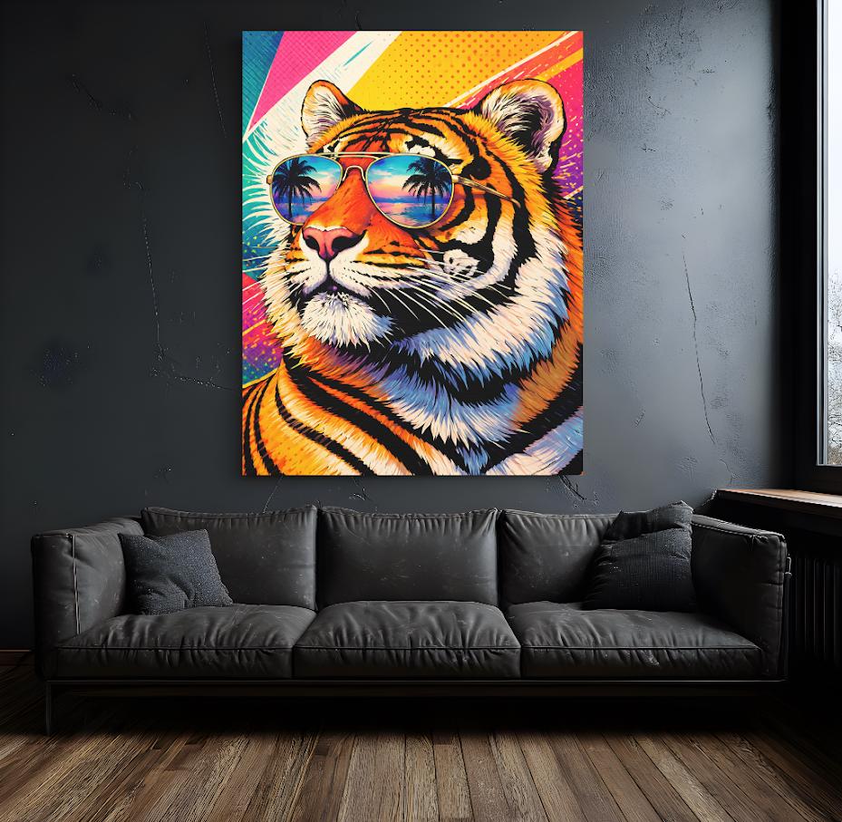 Retro Tiger Art with Sunglasses | Maximalist Neon Pop Art Canvas Print — Framed Print wall art