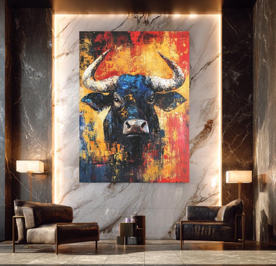 Abstract Bull Canvas Print | Colorful Animal Wall Art, Modern Farmhouse Decor — Framed Print wall art