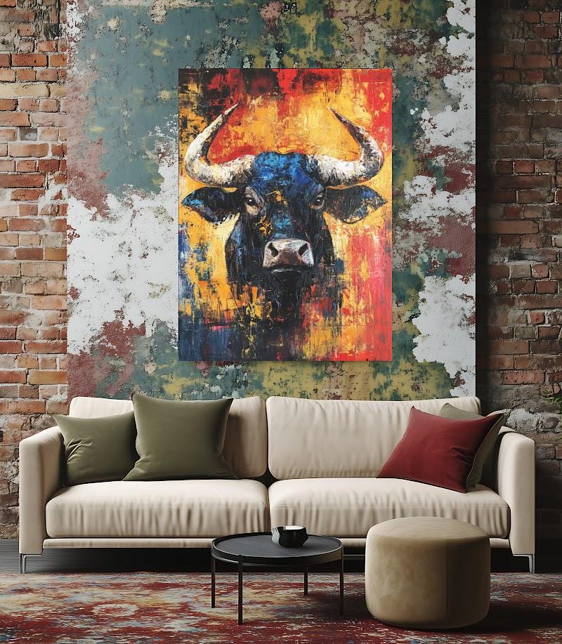 Abstract Bull Canvas Print | Colorful Animal Wall Art, Modern Farmhouse Decor — Framed Print wall art