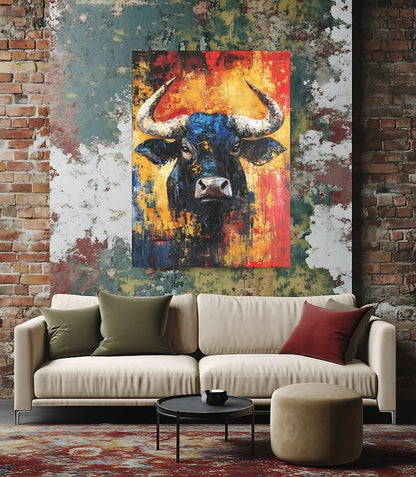 Abstract Bull Canvas Print | Colorful Animal Wall Art, Modern Farmhouse Decor — Framed Print wall art