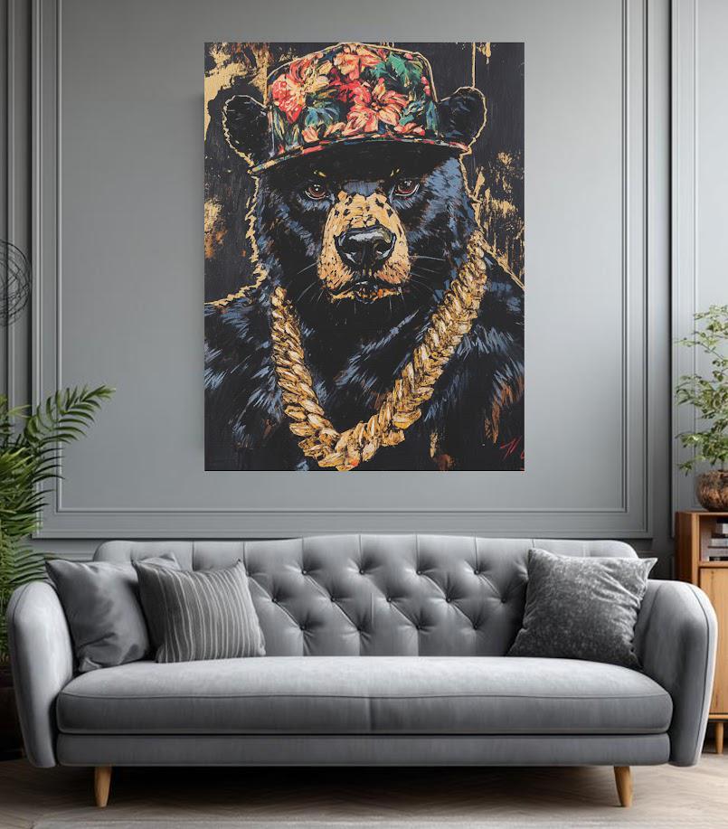 Hip Hop Bear Wall Art | Canvas or Poster | Black Grizzly Gold Chain Print | Urban Man Cave | Forest Animal Painting — Framed