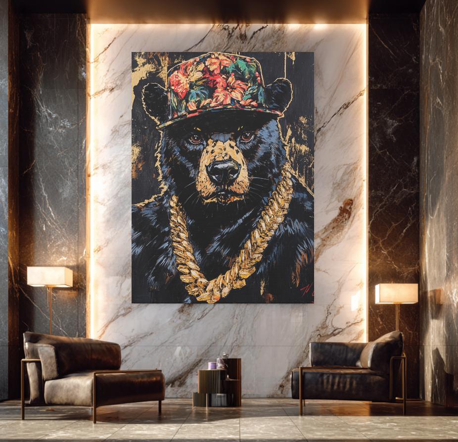 Hip Hop Bear Wall Art | Canvas or Poster | Black Grizzly Gold Chain Print | Urban Man Cave | Forest Animal Painting — Framed