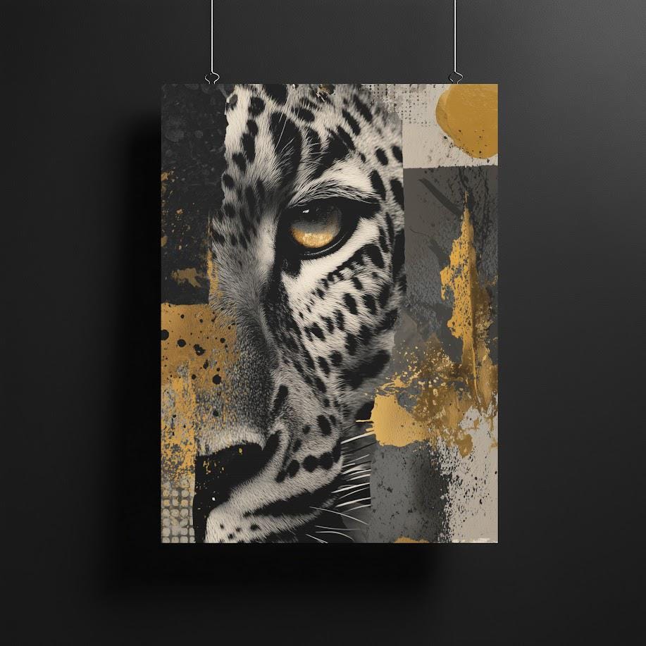 Leopard Canvas Print | Gold Accents Wildlife Artwork, Modern Home Decor — Framed Print wall art