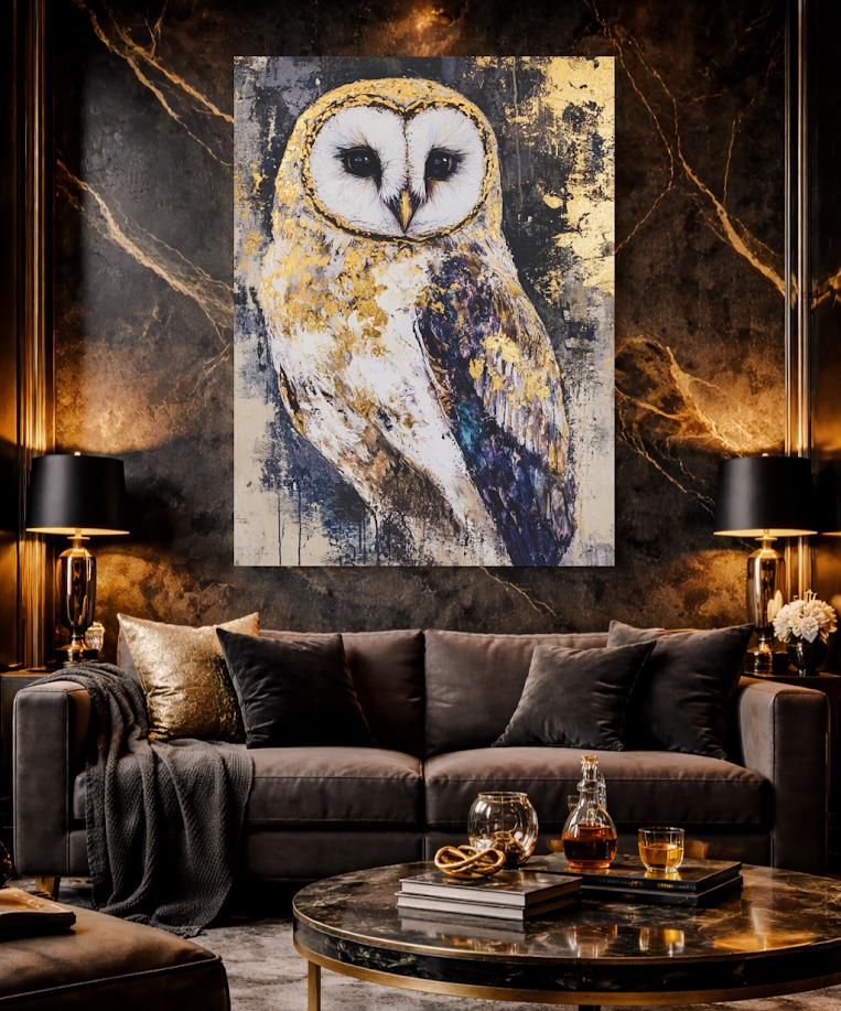 Golden Owl Wall Art | Abstract Bird Canvas | Modern Animal Decor | Luxury Artwork | Woodland Nursery Print — Framed Print