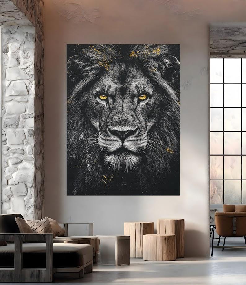 Black & White Lion Art | Canvas or Poster | Luxury Animal Portrait | King of the Jungle Print | Masculine Gift for Him |