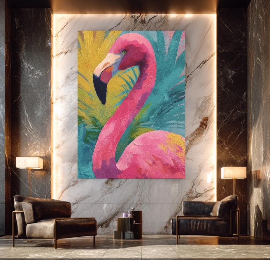 Vibrant Pink Flamingo Canvas | Preppy Tropical Art | Abstract Coastal Decor | Palm Beach Chic | Maximalist Bird Painting —