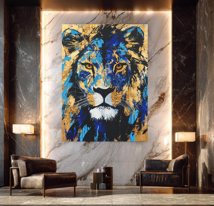 Gold & Blue Lion Art | Canvas or Poster | Abstract Zoo Animal Print | Wildlife Painting | Large Animal Face | Modern Luxury —