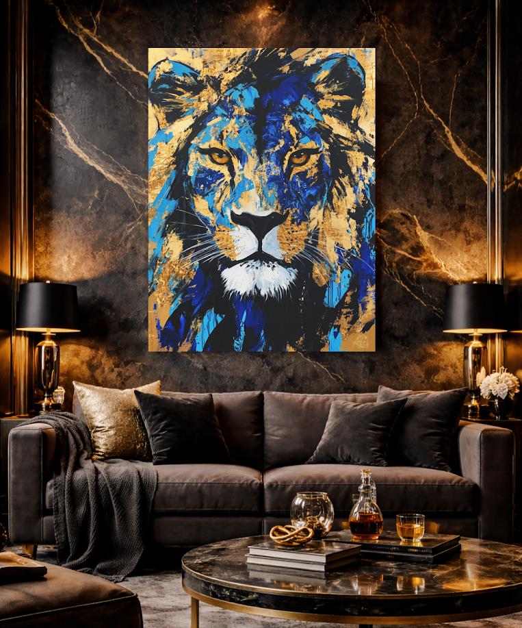 Gold & Blue Lion Art | Canvas or Poster | Abstract Zoo Animal Print | Wildlife Painting | Large Animal Face | Modern Luxury —