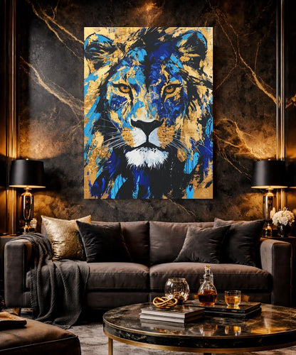 Gold & Blue Lion Art | Canvas or Poster | Abstract Zoo Animal Print | Wildlife Painting | Large Animal Face | Modern Luxury —