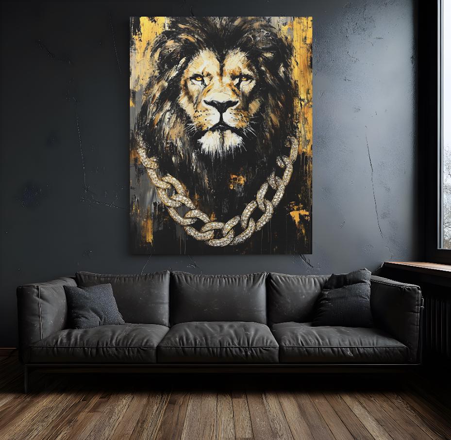 Lion with Gold Chain Wall Art | Black & Gold King Print | Masculine Man Cave Decor | Luxury Artwork — Framed Print wall art