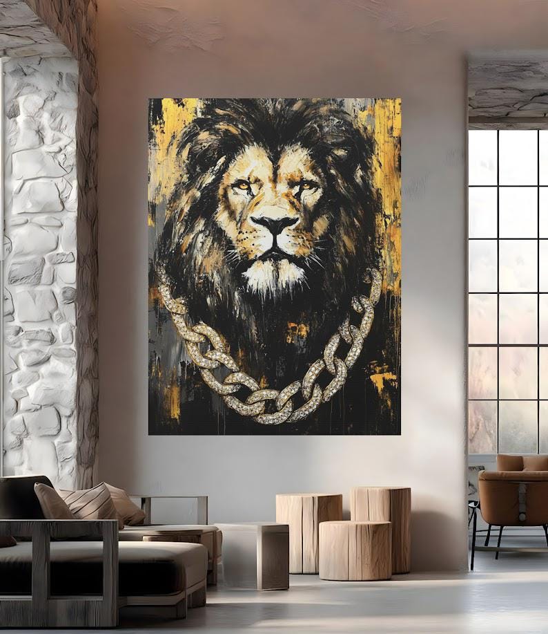 Lion with Gold Chain Wall Art | Black & Gold King Print | Masculine Man Cave Decor | Luxury Artwork — Framed Print wall art