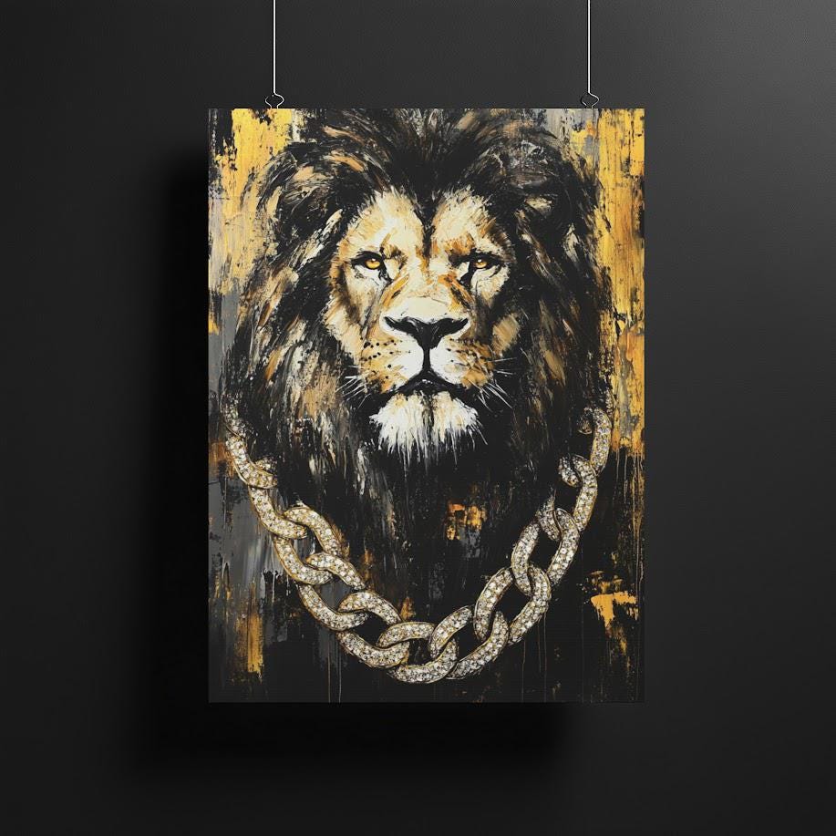 Lion with Gold Chain Wall Art | Black & Gold King Print | Masculine Man Cave Decor | Luxury Artwork — Framed Print wall art
