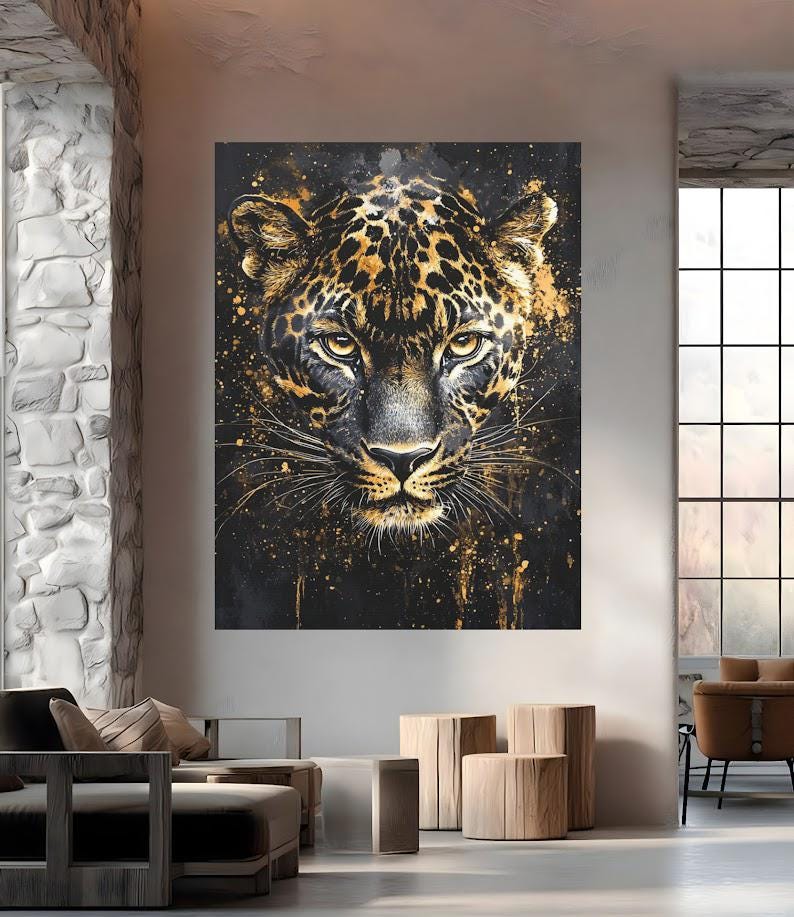 Black & Gold Leopard Art | Canvas or Poster | Luxury Decor | Modern Office Art | Jungle Painting | Big Cat Print | Abstract
