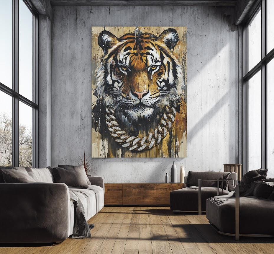 Tiger Wall Art | Urban Streetwear Canvas with Gold Chain | HipHop Wall Decor — Framed Print wall art