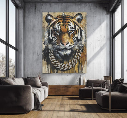 Tiger Wall Art | Urban Streetwear Canvas with Gold Chain | HipHop Wall Decor — Framed Print wall art