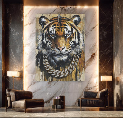 Tiger Wall Art | Urban Streetwear Canvas with Gold Chain | HipHop Wall Decor — Framed Print wall art