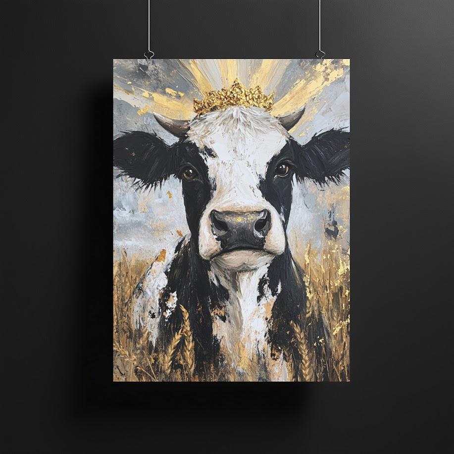 Cow with Gold Crown | Glam Farmhouse Art | Rustic Chic Wall Decor | Cow Painting Print | Whimsical Barn Animal — Framed Print