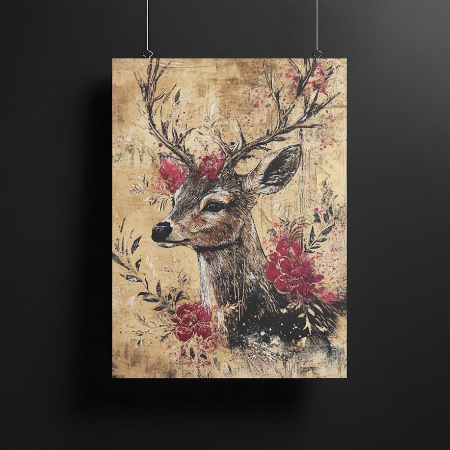 Floral Deer Wall Art | Rustic Chic Canvas Print | Wildlife Decor | Nature Home Art | Elegant Roses Animal Picture — Framed