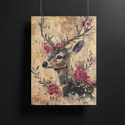 Floral Deer Wall Art | Rustic Chic Canvas Print | Wildlife Decor | Nature Home Art | Elegant Roses Animal Picture — Framed