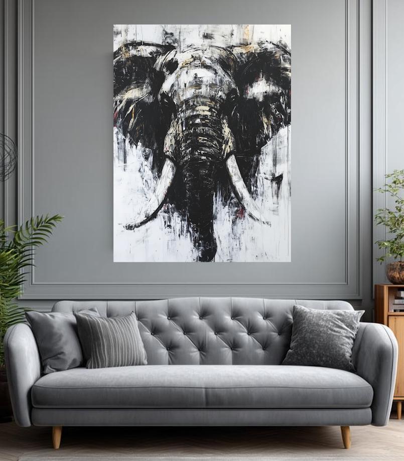 Abstract Elephant Wall Art | Black & White Canvas | Modern Safari Print | Large Grunge Animal Picture — Canvas wall art
