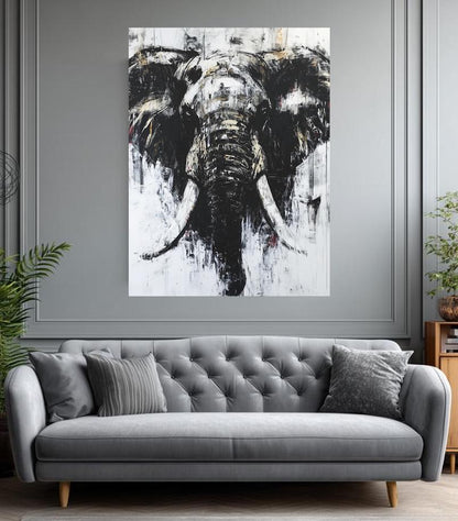 Abstract Elephant Wall Art | Black & White Canvas | Modern Safari Print | Large Grunge Animal Picture — Canvas wall art