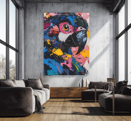 Colorful Parrot Wall Art | Abstract Bird Painting | Maximalist Artwork | Tropical Home Decor | Vibrant Macaw Print | Preppy