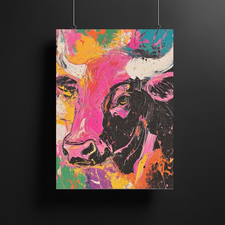 Neon Cow Canvas Print | Abstract Pop Art, Ranch Decor — Canvas wall art