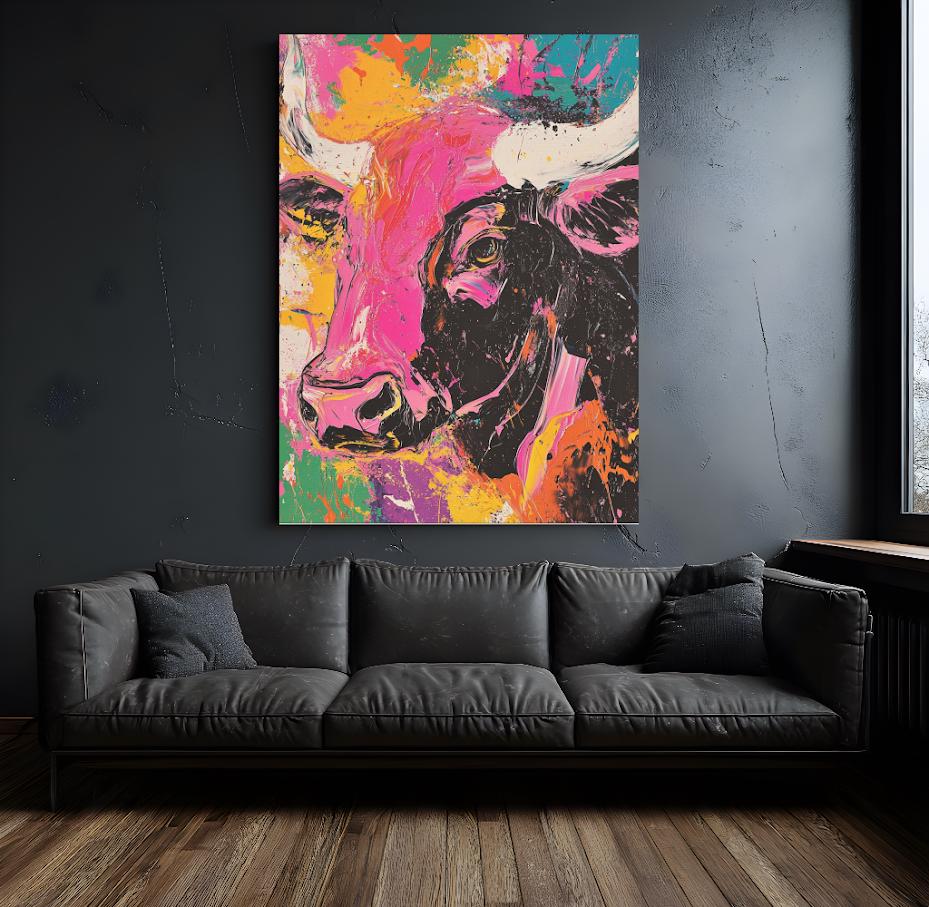 Neon Cow Canvas Print | Abstract Pop Art, Ranch Decor — Framed Print wall art