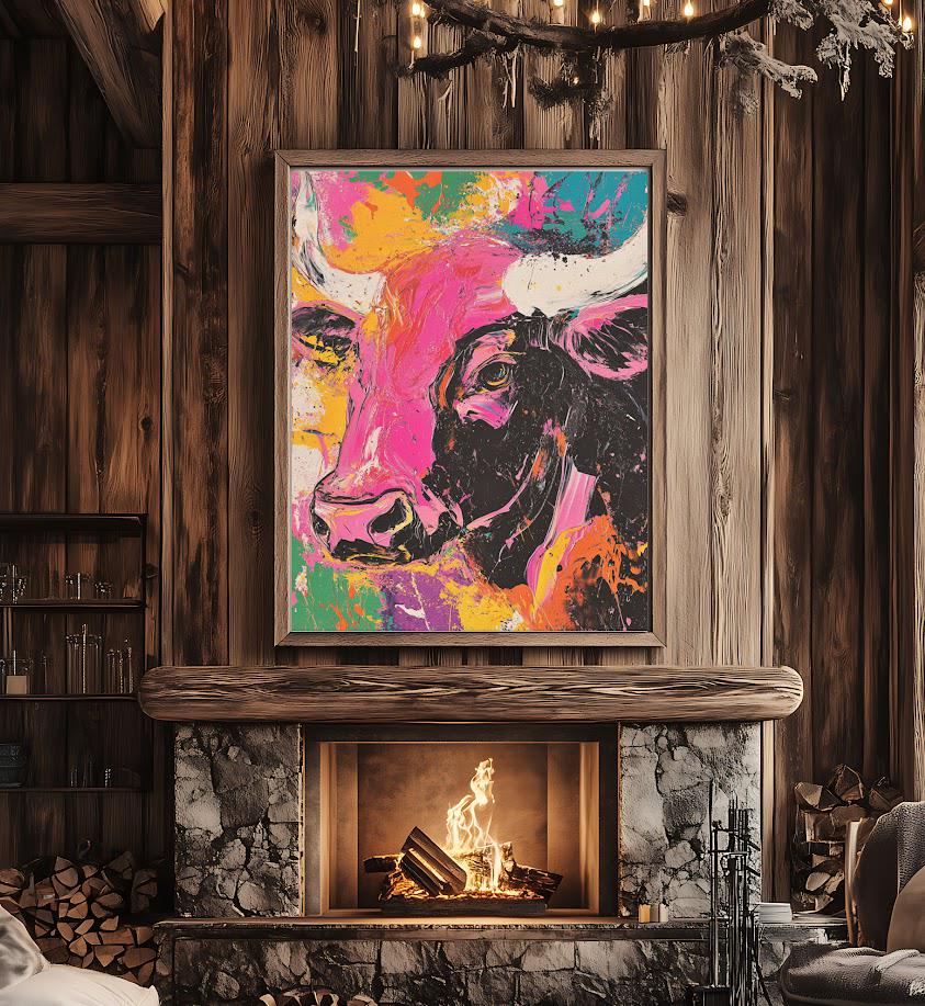 Neon Cow Canvas Print | Abstract Pop Art, Ranch Decor — Framed Print wall art