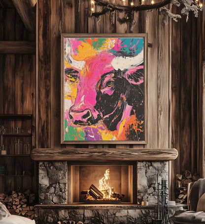 Neon Cow Canvas Print | Abstract Pop Art, Ranch Decor — Framed Print wall art