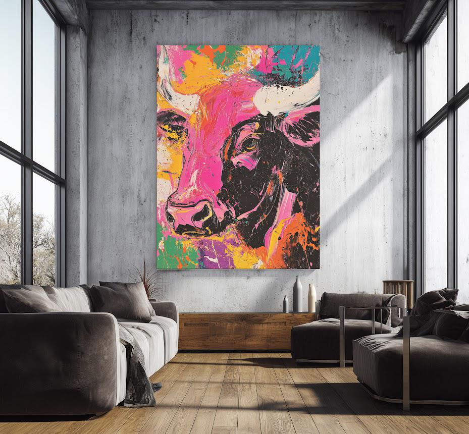 Neon Cow Canvas Print | Abstract Pop Art, Ranch Decor — Framed Print wall art