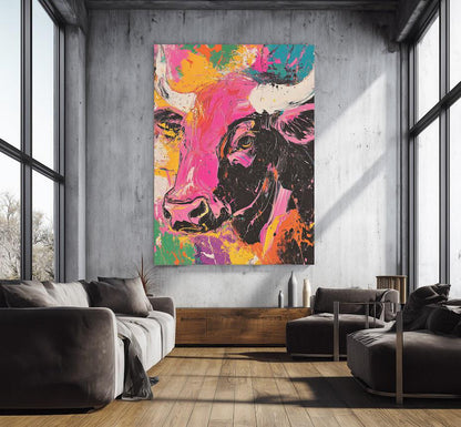 Neon Cow Canvas Print | Abstract Pop Art, Ranch Decor — Framed Print wall art