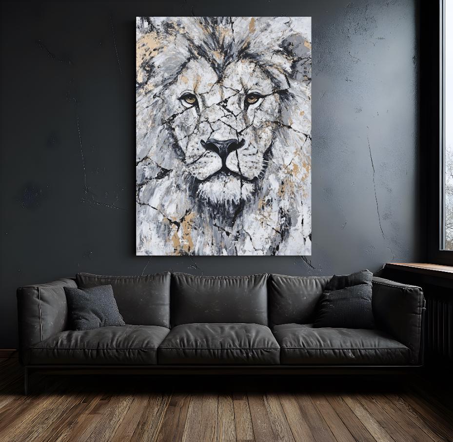 Abstract Lion Wall Art | White Gold Wildlife Canvas or Poster Print — Framed Print wall art