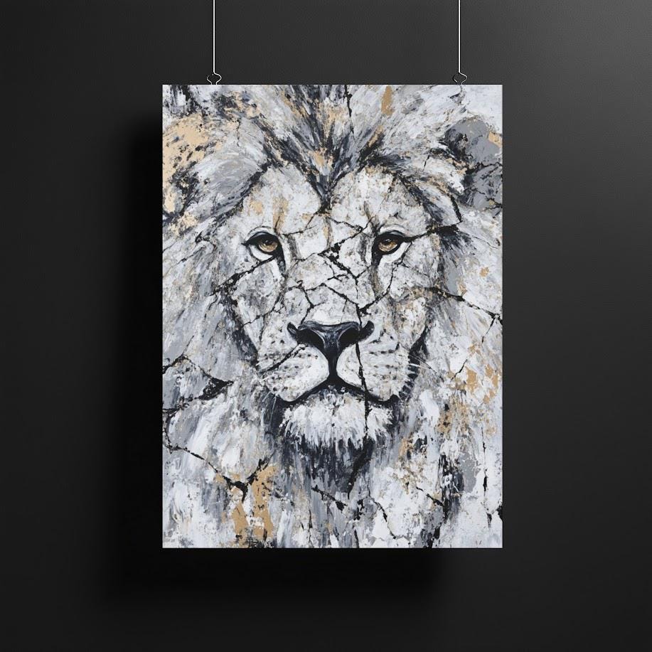 Abstract Lion Wall Art | White Gold Wildlife Canvas or Poster Print — Framed Print wall art