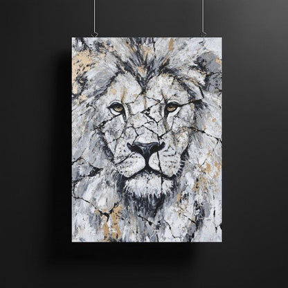 Abstract Lion Wall Art | White Gold Wildlife Canvas or Poster Print — Framed Print wall art